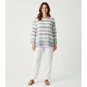 J Jill Love Linen Stripe Shirt Women Large Petite White Gray 3/4 Sleeves Buttons